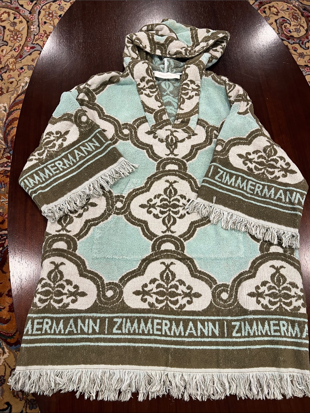 Zimmermann Aqua and Brown Hooded Fringe Towel Poncho